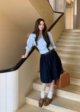 Korean-style blue button-up shirt with a coordinating draped layer
