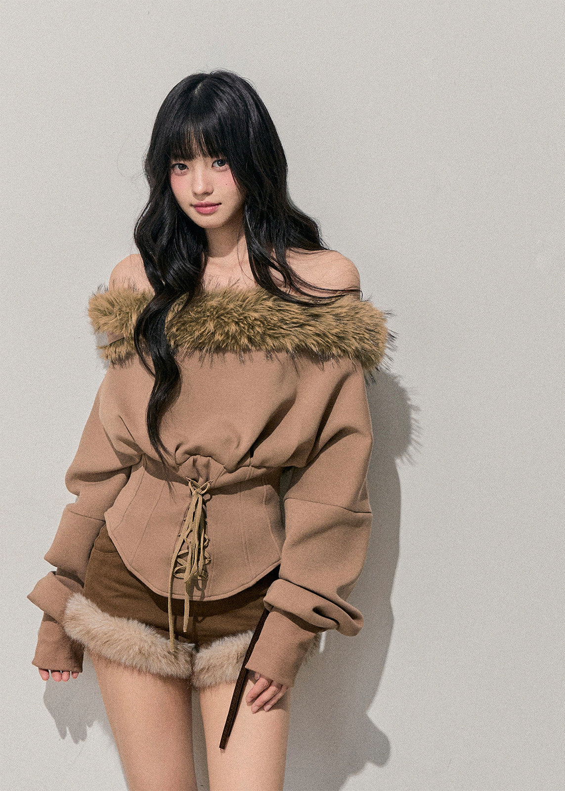 Korean feminine top, off shoulder knit top, winter plush top, fur trim sweater, waist slimming top, soft Korean style, women winter top, French inspired knitwear, cozy feminine top, elegant winter outfit, AOMALM top, faux fur trim shirt, romantic winter fashion, slim fit knit top, Korean aesthetic clothing, winter date outfit, soft girl style top, feminine corset top