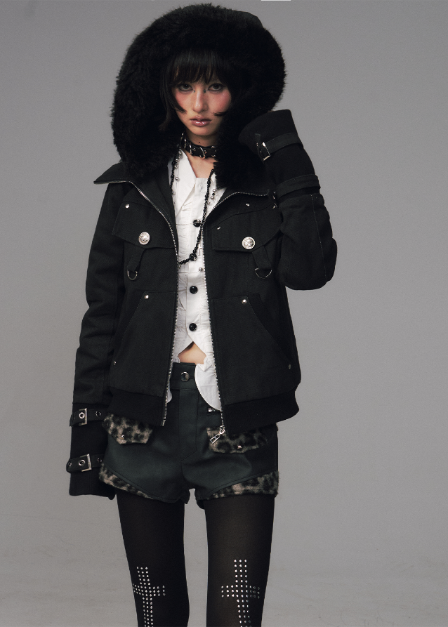 Frustration Garden jacket, edgy winter jacket, black fur hood coat, punk padded jacket, grunge winter outerwear, slim fit puffer coat, detachable fur hood jacket, street goth winter fashion, sand wash black coat, thick warm padded jacket women, alternative fashion outerwear