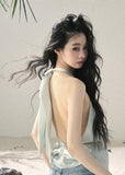 aomalm top, halter top women, draped halter blouse, backless summer top, french style halter top, feminine korean top, silk feel sleeveless top, elegant summer blouse, cowl halter top, light sage top