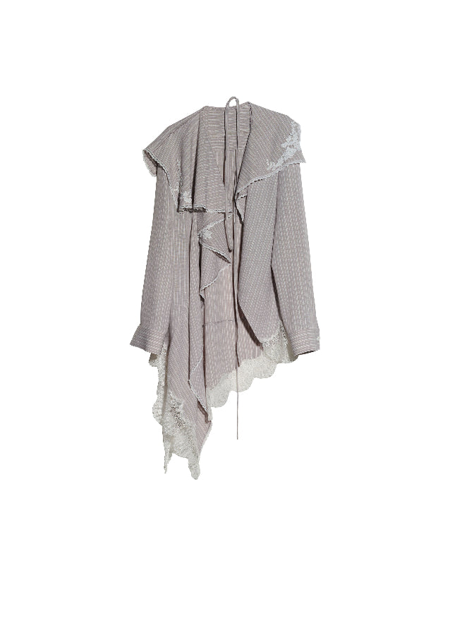 JNYLON asymmetric long shirt women, Korean stylish lace stripe blouse, modern Korean fashion long shirt, chic ruffle stripe layering piece, vintage inspired lace long blouse, trendy Korean street chic outfit, lightweight striped long shirt women, urban Korean fashion layering top, stylish oversized long blouse Korean style, lace applique long shirt women