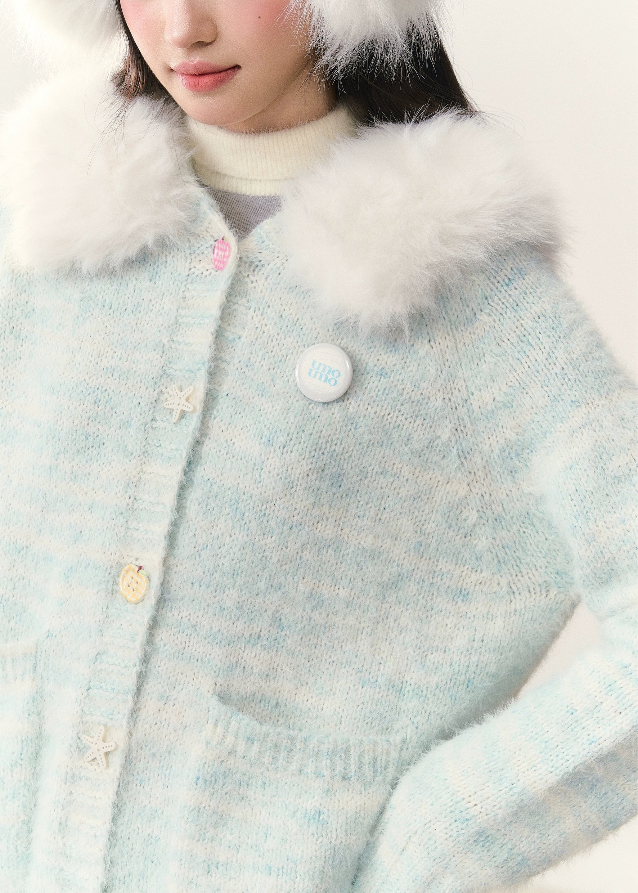 fresh ocean cardigan, blue white gradient knit, fur collar hooded cardigan, plush winter sweater, cozy fluffy hood jacket, soft fuzzy knitwear, umoumo winter collection, Korean girly cardigan, kawaii fur hood sweater, gradient plush cardigan, warm winter knit hoodie, fluffy collar cardigan, women’s soft knit jacket