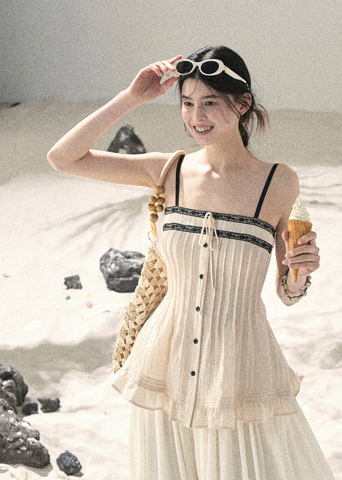 aomalm top, pleated cami top, seafoam summer top, korean fashion top, feminine summer blouse, contrast trim cami, peplum summer top, french style top women, slim fit cami top, elegant casual top, summer date outfit top, soft girl summer top