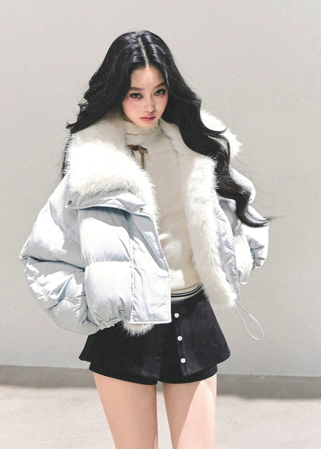 AOMALM down jacket, Korean winter jacket women, cropped fur hood jacket, white duck down coat, soft girl winter outfit, blue cropped puff jacket, warm thick down coat, Korean fashion 2025 winter, feminine winter jacket, plush collar down coat
