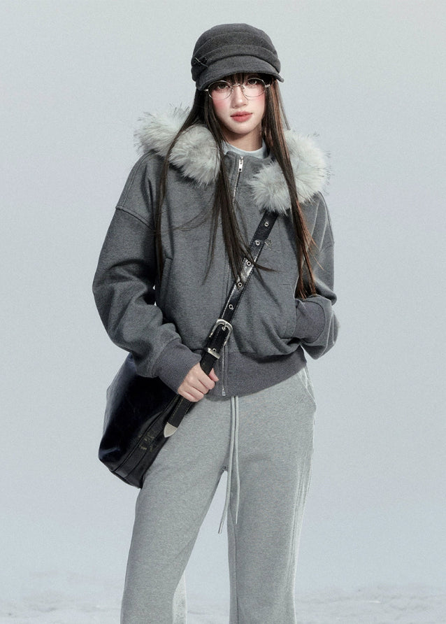 Fragile Heart fur collar hoodie, fluffy trim jacket, soft feminine winter hoodie, Korean girly zip-up coat, short cozy winter jacket, big fur collar sweatshirt, romantic warm hoodie, grey fluffy collar jacket, cute Korean outerwear, AW soft girl jackets, feminine winter hoodie coat