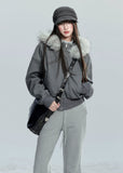 Fragile Heart fur collar hoodie, fluffy trim jacket, soft feminine winter hoodie, Korean girly zip-up coat, short cozy winter jacket, big fur collar sweatshirt, romantic warm hoodie, grey fluffy collar jacket, cute Korean outerwear, AW soft girl jackets, feminine winter hoodie coat