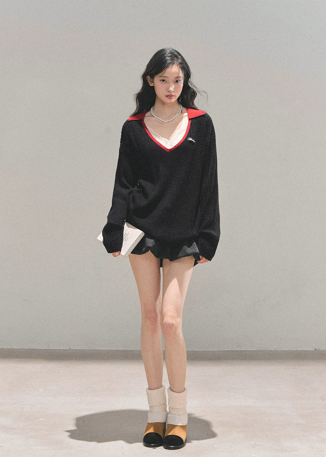 AOMALM sweater, V-neck knit top, college style sweater, Korean fashion sweater, wool knit women's top, winter knit pullover, feminine V-neck sweater, soft wool sweater, black knitted top, winter Korean style outfit, cute warm sweater women, campus style knitwear, deep V-neck pullover, trendy winter tops 2025, elegant knit sweater women, minimal chic sweater, soft warm knit top.