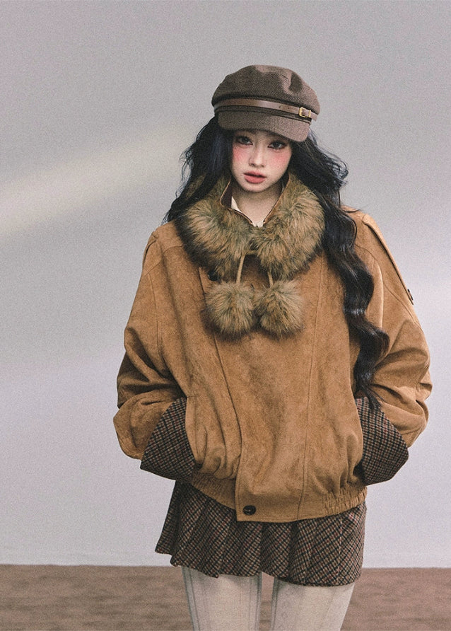 suede two piece set, suede jacket skirt set, warm suede jacket women, fur collar suede coat, hepburn style outfit, french suede outfit, autumn winter suede set, pleated skirt set women, korean fashion suede jacket, brown suede coat women, cozy winter two piece outfit, nom alm style set, vintage suede jacket outfit, warm plush collar jacket, high end suede fashion
