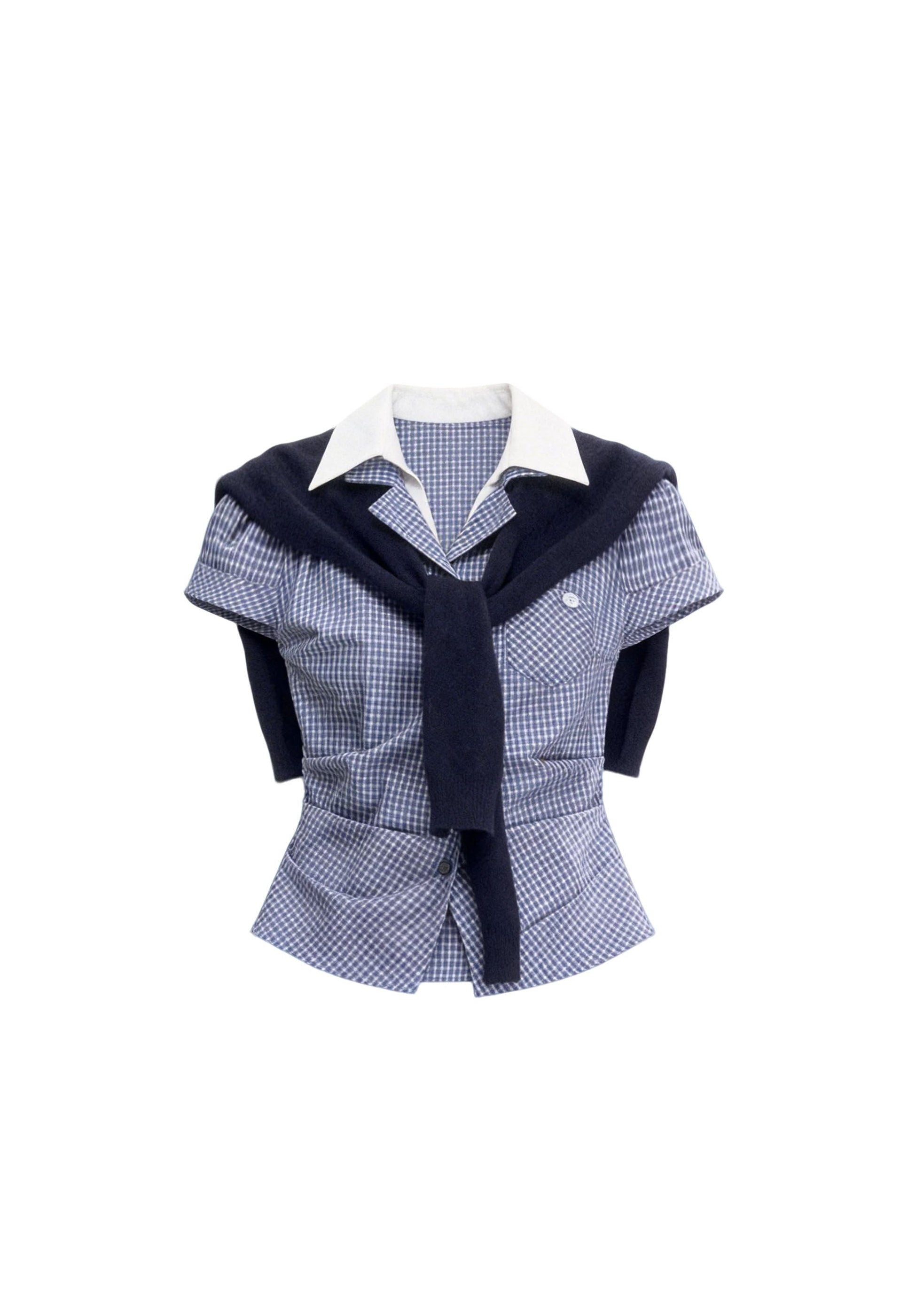 plaid layered top, korean campus top, sweet preppy top, pink plaid shirt top, faux layered blouse, feminine korean fashion top, fragileheart top, summer campus outfit, knit scarf top set, cute preppy summer top, soft girl korean top, honor student style top