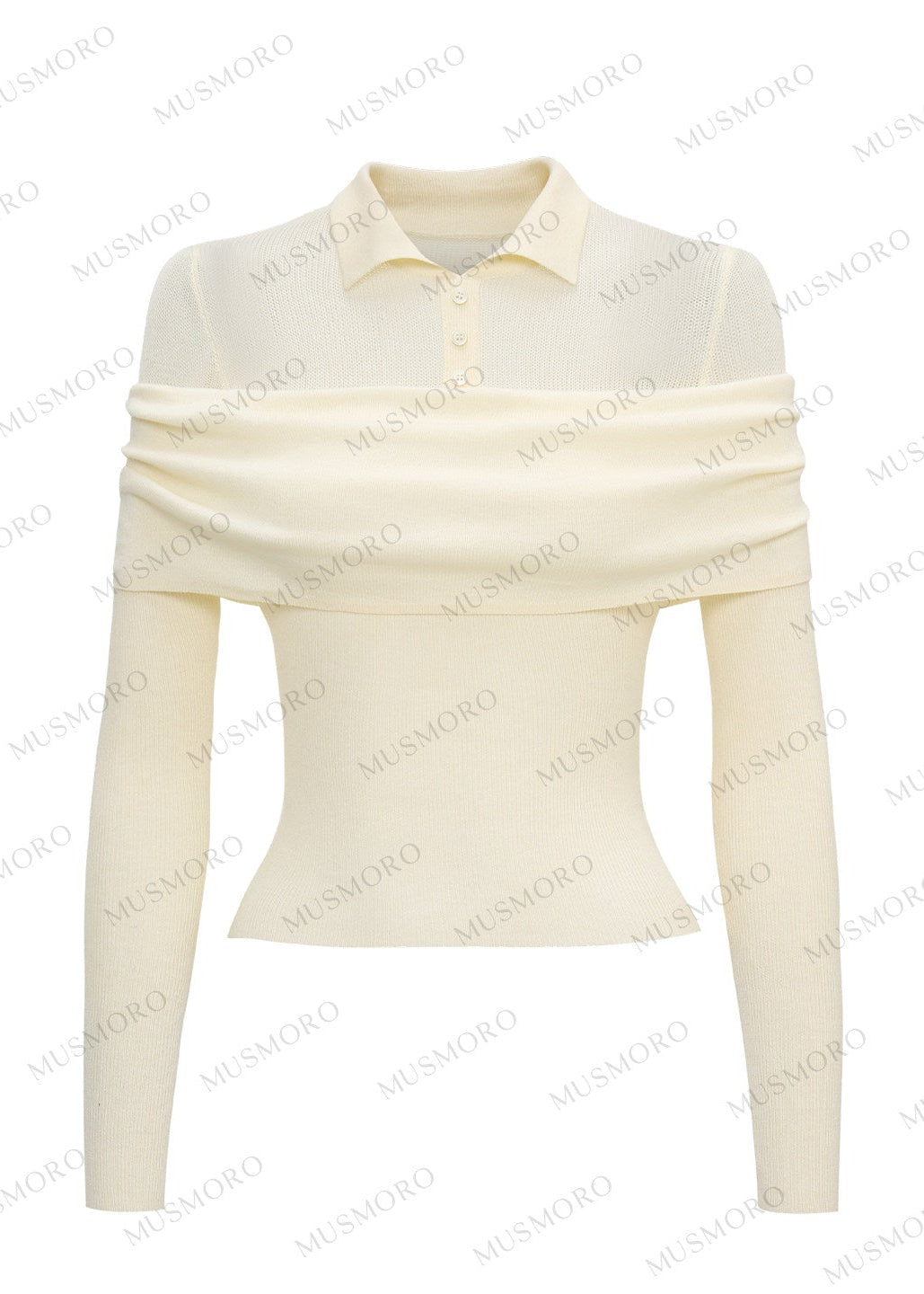 Ivory off-shoulder knit top with elegant draped neckline