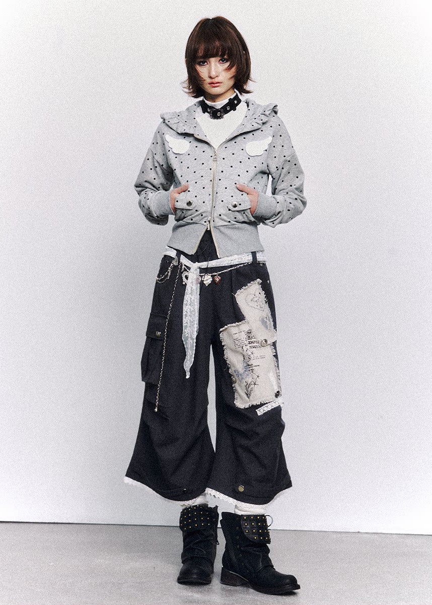 wide leg cropped pants women, patchwork pants women, distressed trousers women, grunge outfit women, edgy outfit women, street style pants, punk style clothing, y2k edgy outfit, alternative fashion women, deconstructed pants, raw edge trousers, urban streetwear women, lace panel pants, statement pants women, loose fit trousers women, rebellious fashion outfit, underground fashion women, utility style pants, mixed fabric pants, edgy streetwear women