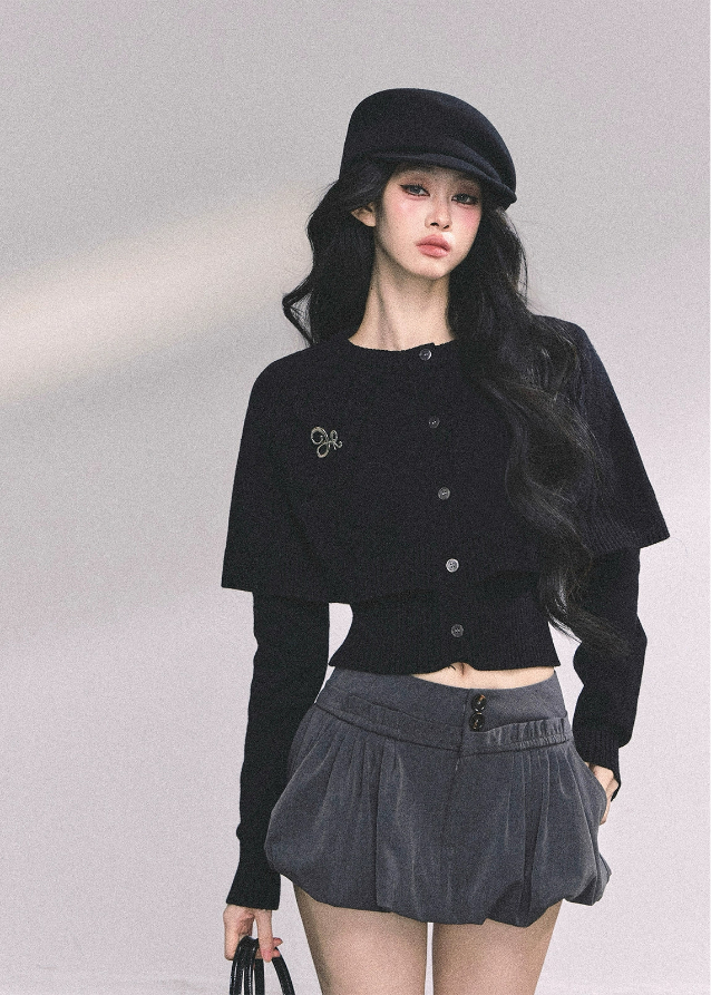 cape knit sweater women, twist knit capelet top, layered knit sweater, autumn winter slim knit top, american style cape knit, fw25 knitwear women, cape style cardigan, long sleeve cape sweater, cute cape top women
