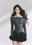 korean off shoulder long sleeve, korean hot girl top women, minimalist korean streetwear top, off shoulder drape knit top, korean fall fashion slim top, seoul style off shoulder shirt, korean aesthetic blouse women, korean sexy minimalist top, chic korean long sleeve shirt, korean modern street outfit, off shoulder hot girl korean fashion, korean autumn fitted top, french chic off shoulder design, korean straight shoulder long sleeve, kfashion minimalist fall top
