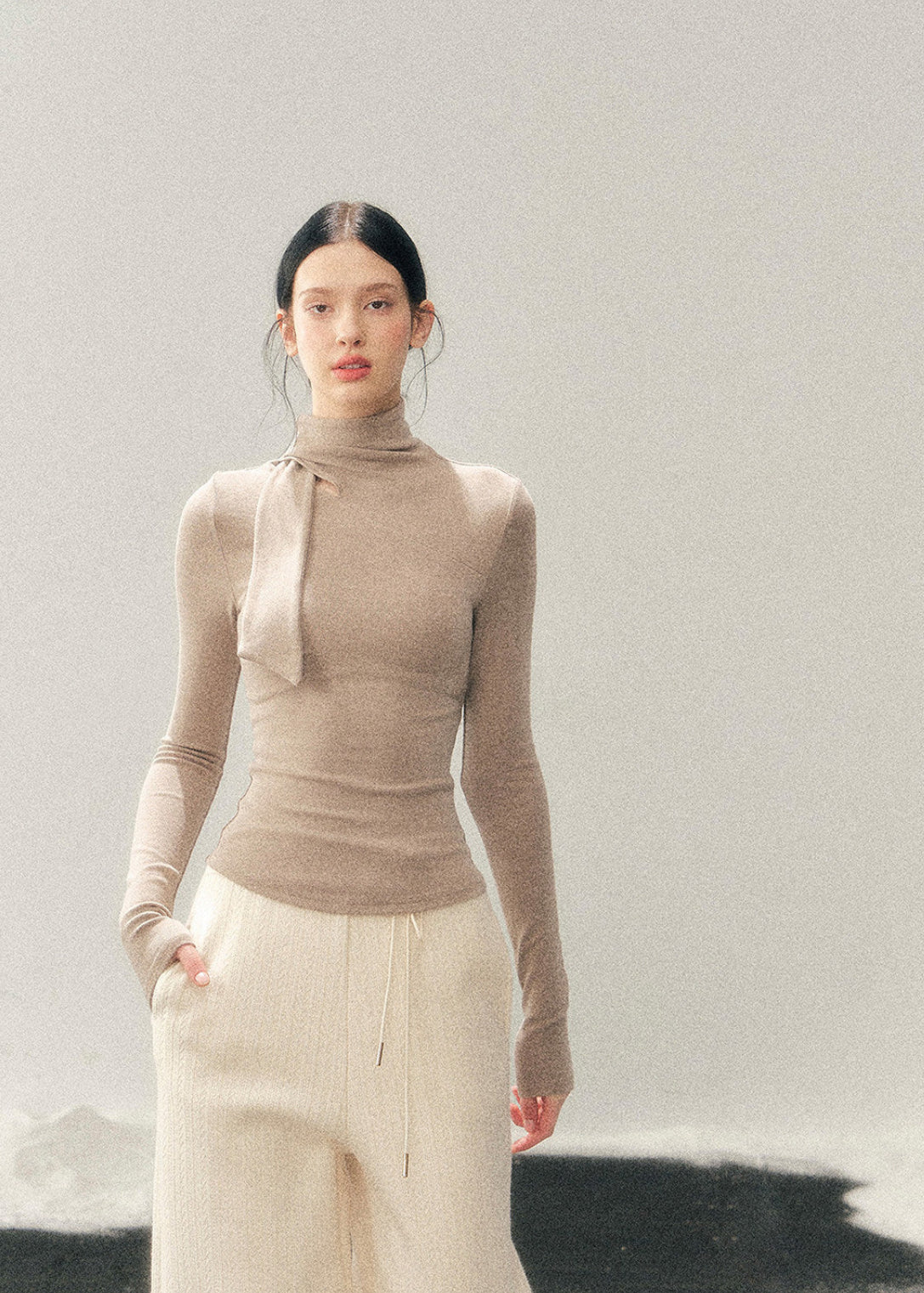 AOMALM semi turtleneck top, women winter base top, slim fit knit shirt, Korean style inner top, feminine long sleeve top, winter layering top women, soft knit turtleneck, minimal Korean fashion, stretch knit base shirt, elegant inner top, women autumn winter top, skin fit knitwear, neutral winter top, daily basic knit top, chic layering essential