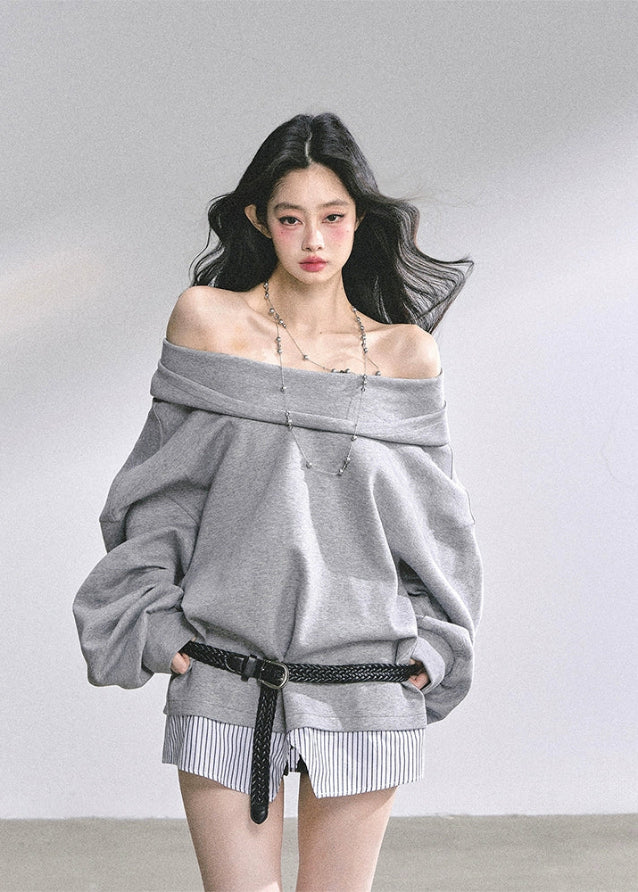 grey off shoulder dress, oversized sweatshirt dress, one shoulder sweat dress, autumn winter street dress, grey mini sweatshirt, american style sweater dress, fw25 oversized dress, korean street fashion dress, grey off shoulder top dress

