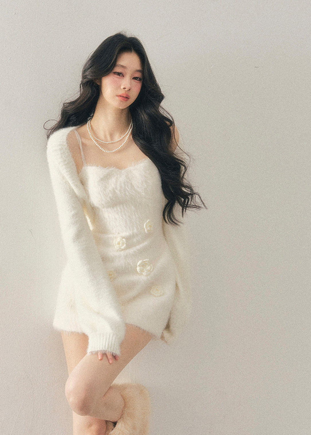 AOMALM dress, Korean winter dress, feminine knit dress, floral mini dress, 3D flower dress, sweet winter outfit, slim fit knit dress, French style dress, soft girl aesthetic, Korean fashion women, winter mini dress, elegant knit dress, romantic winter dress, aesthetic slip dress, trendy women’s dress, Korean aesthetic outfit, cozy winter dress