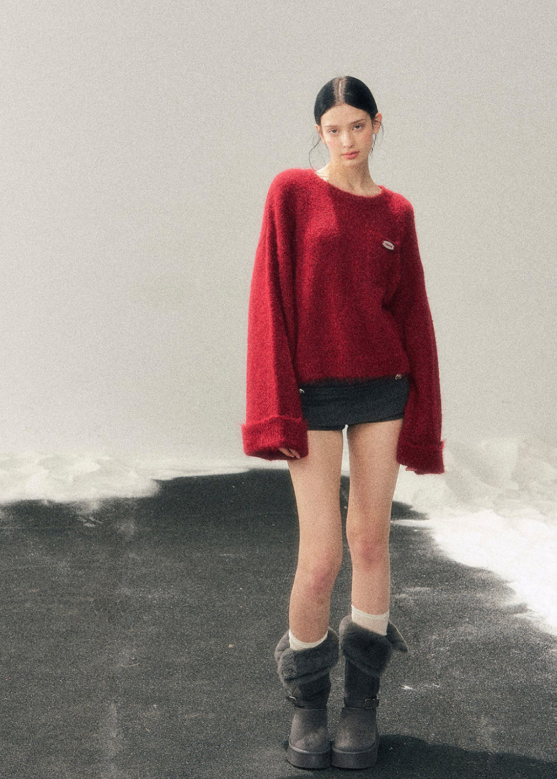 AOMALM sweater, red mohair sweater, women winter knit top, French style sweater, Korean aesthetic knit, soft feminine sweater, fluffy winter sweater, mohair pullover women, holiday red sweater, New Year knit top, cozy winter top women, elegant knitwear women, warm mohair sweater, romantic winter outfit, soft texture sweater, winter fashion women
