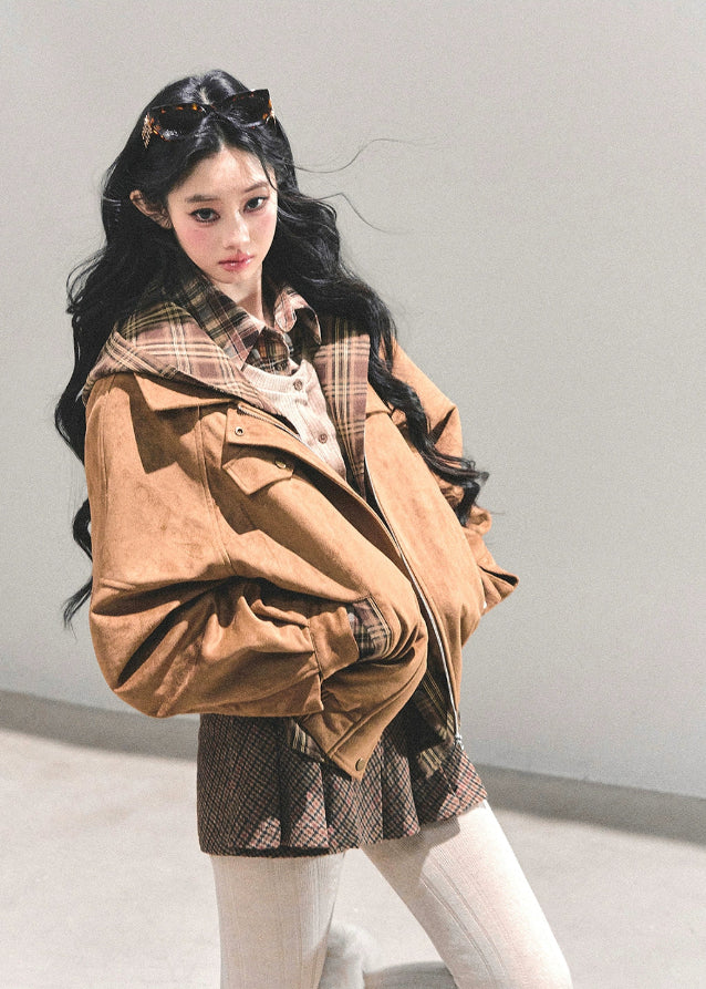 AOMALM jacket, Hepburn style coat, Korean winter jacket, plaid hood padding, feminine winter coat, padded jacket women, vintage plaid jacket, winter warm coat, hooded padded outerwear, Korean fashion 2025, soft padded jacket, cozy winter top, aesthetic winter outfit, dawn jacket, brown plaid coat, warm hooded jacket, Korean streetwear outerwear, stylish winter padding, warm feminine coat, A-line winter jacket