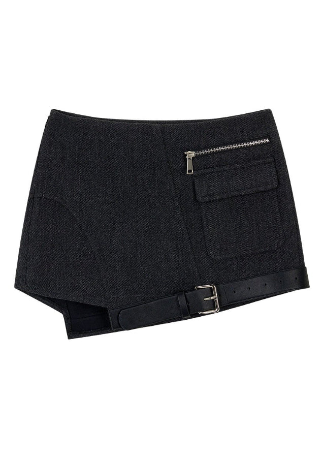 VIAPITTI wool mini skirt, asymmetrical utility skirt, belted streetwear skirt, edgy Korean fashion, heavy wool skirt, autumn winter street style, industrial chic mini, splice panel skirt, modern urban outfit, K-fashion 2025, irregular hem skirt, black woolen mini, utility pocket skirt, luxury street fashion
