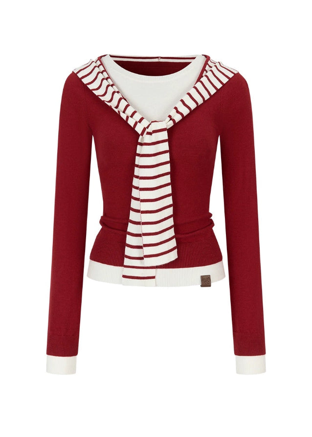 VIA PITTI knit top, fake two knitwear, contrast strap knit top, scarf illusion top, Y2K long sleeve knit shirt, autumn winter slim knit top, Korean street style knitwear, VIA PITTI inner T-shirt, layered look knit top, trendy contrast knitwear for women