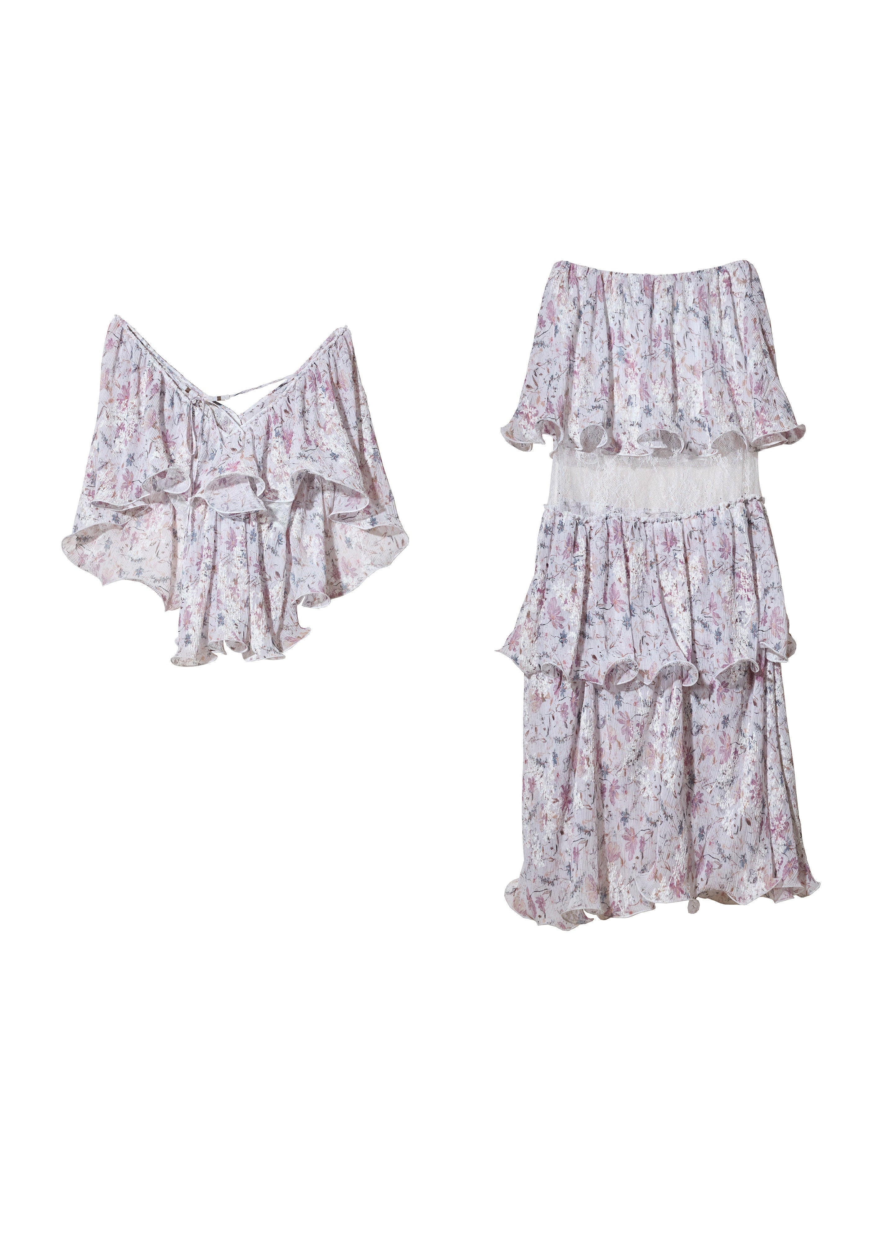 floral two piece set, ruffle maxi skirt set, korean fashion set, romantic floral outfit, vintage floral set, chiffon ruffle top, summer skirt set, feminine two piece outfit, resort wear women, elegant floral maxi set