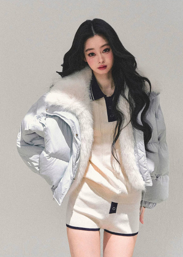 AOMALM knit set, AOMALM morning mist knit, Korean preppy knit outfit, cream navy knit two piece, varsity knit short set, autumn winter knit co ord, soft girl Korean fashion, long sleeve knit top and shorts, K fashion loungewear set, cozy college style outfit, feminine Korean knitwear, Seoul street preppy style, Korean knit shorts set, cute knit two piece for winter, soft knit polo top