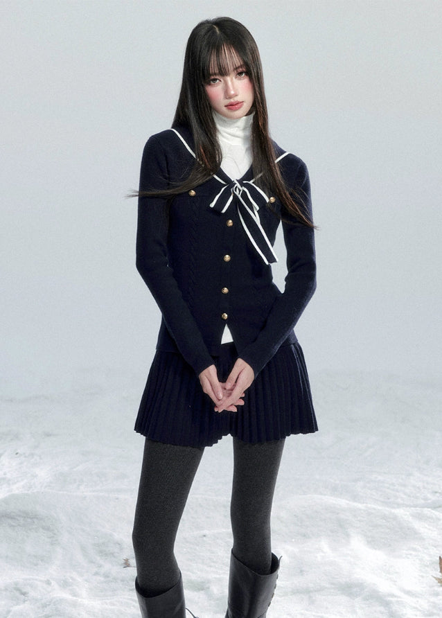 Fragile Heart navy knit top, bow tie sweater, sailor collar knit blouse, Korean girly knitwear, feminine ribbon sweater, waist-slim knit top, soft waxy knit shirt, pretty navy bow top, winter Korean romantic sweater, cute preppy knit blouse, AW feminine soft knit top