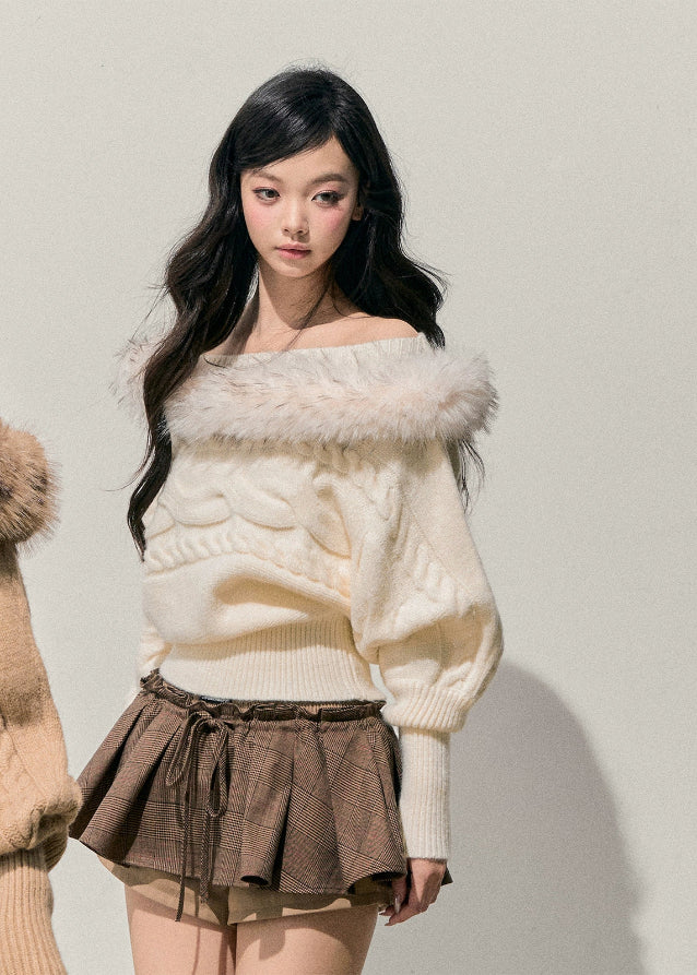 tea fragrance sweater, mohair off shoulder sweater, AOMALM winter top, French mohair knit, winter twist sweater, fluffy neckline sweater, faux fur trim knit, feminine winter outfit, asymmetrical knit top, Korean winter style, warm mohair sweater, off shoulder winter top, cozy feminine knitwear, soft mohair pullover, chic winter sweater, trendy Korean fashion top, elegant winter knit, women’s mohair blouse, romantic off shoulder sweater