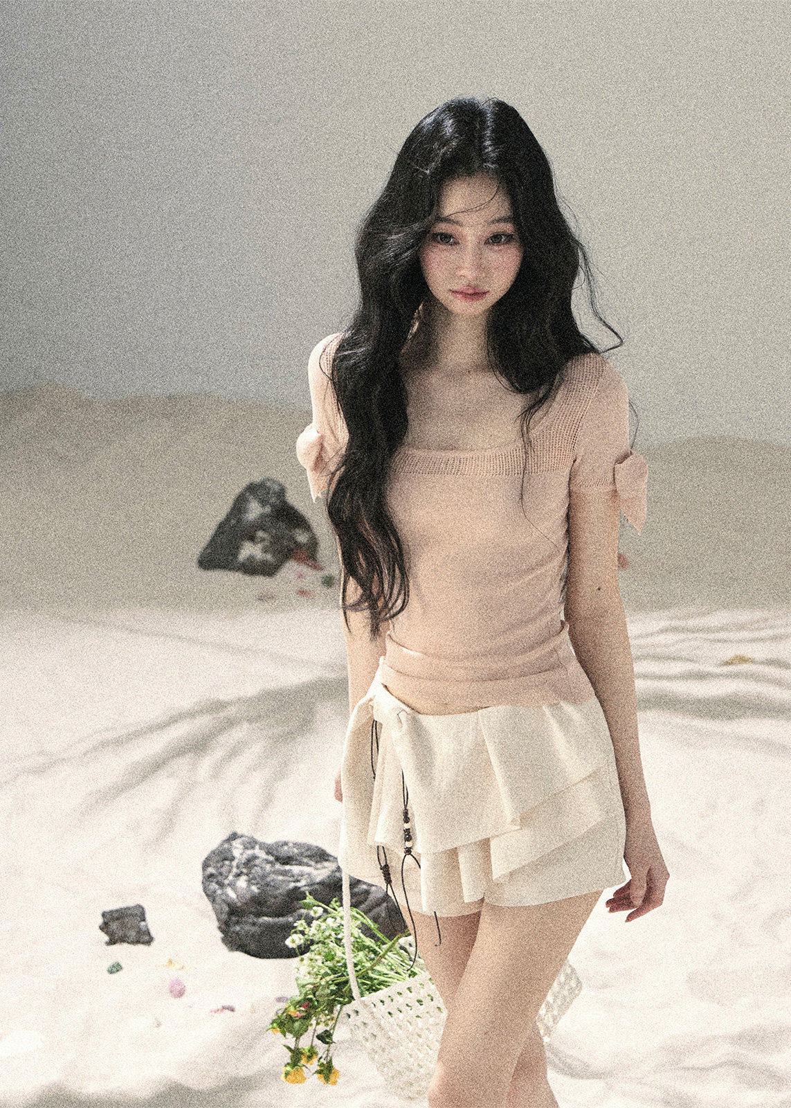 aomalm top, off shoulder knit top, square neck summer top, ribbon sleeve top, feminine korean top, waist cinching top, lyocell slim top, blush pink summer top, spicy girl top, elegant fitted t shirt