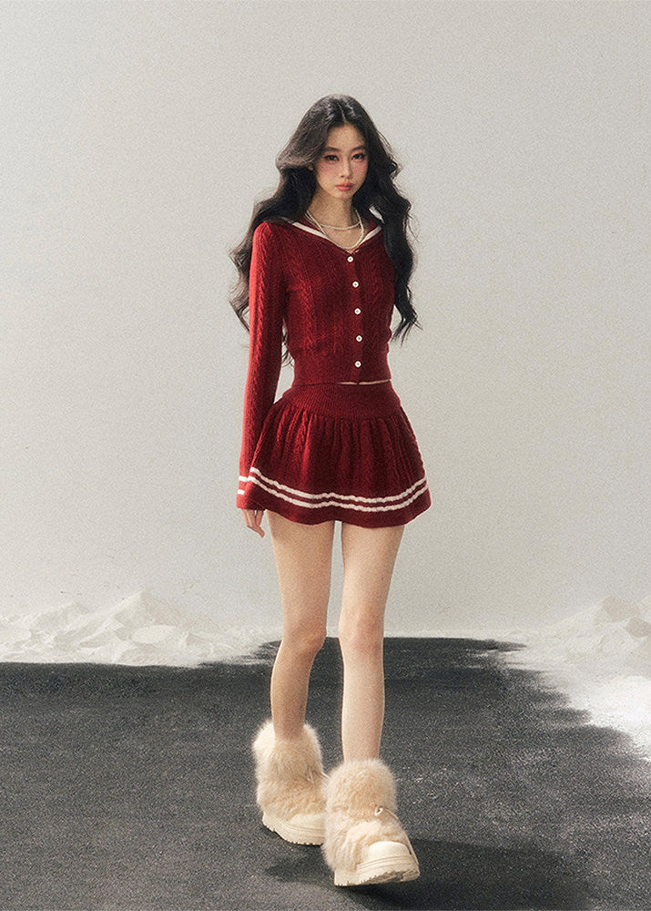 AOMALM knit set, red knit two piece set, preppy sweater skirt set, Korean style knit outfit, winter knit set women, feminine preppy outfit, red sweater set women, cozy winter two piece, Korean aesthetic knit set