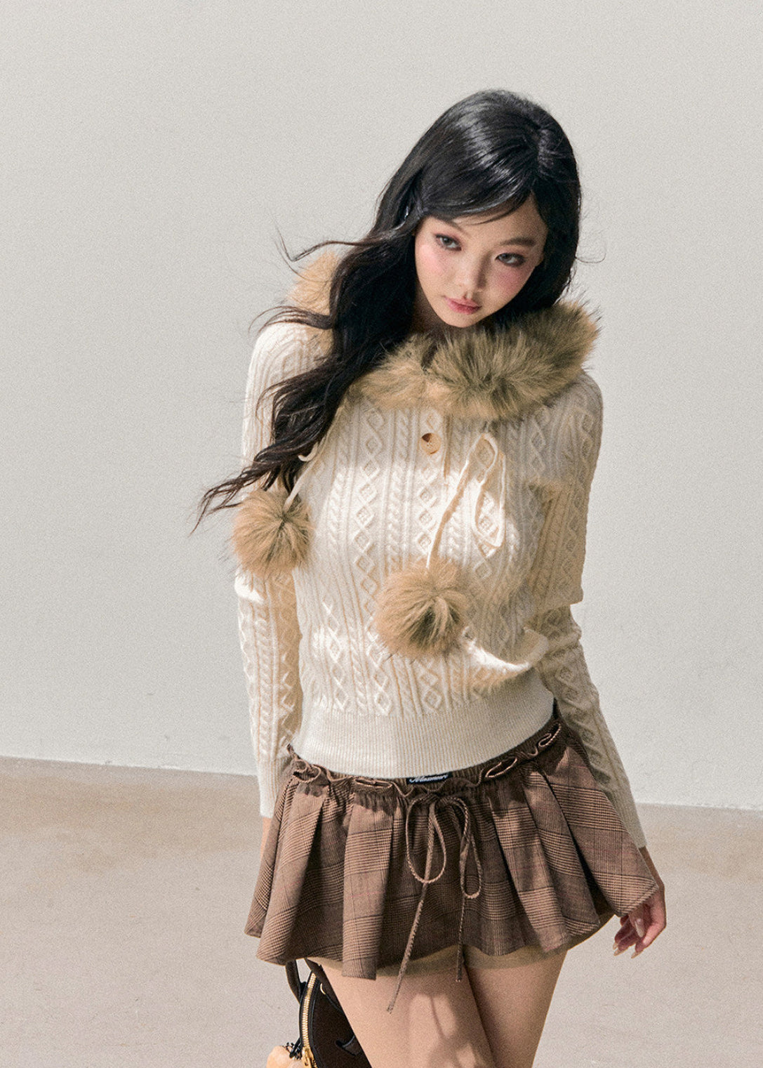 AOMALM knit sweater, Korean hooded sweater, winter cable knit top, plush hood knit, cropped winter sweater, feminine Korean style top, faux fur hood sweater, soft winter knitwear, cozy cable sweater women, Korean winter fashion, cropped knit hoodie, warm knit top women, soft girl winter sweater, aesthetic Korean knit, winter layering sweater, feminine hooded knit