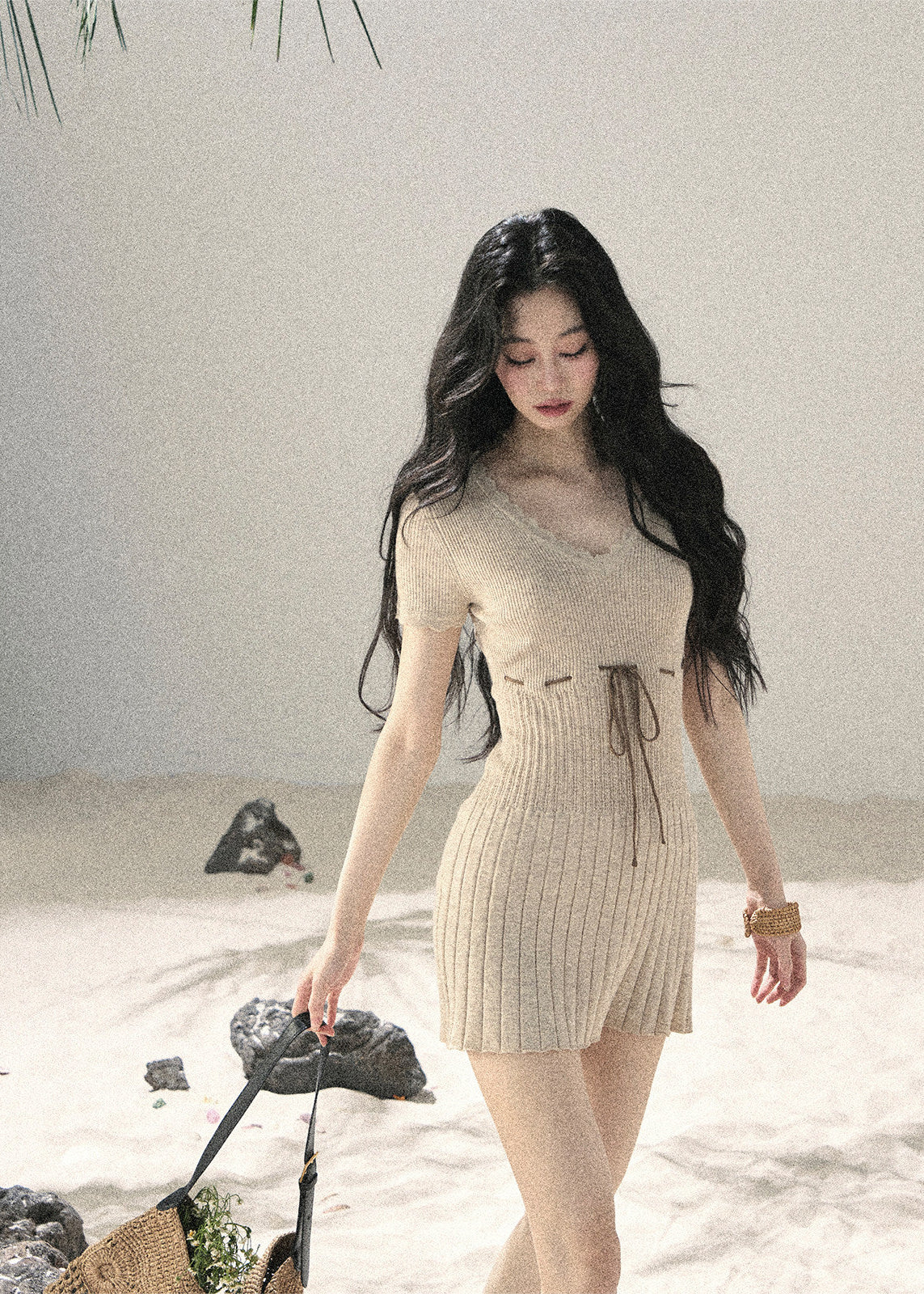 aomalm dress, ribbed knit mini dress, french lace knit dress, beige summer dress, korean feminine dress, waist tie mini dress, lace trim dress, short sleeve knit dress, slim summer dress, romantic knit dress, feminine korean fashion, soft beige mini dress
