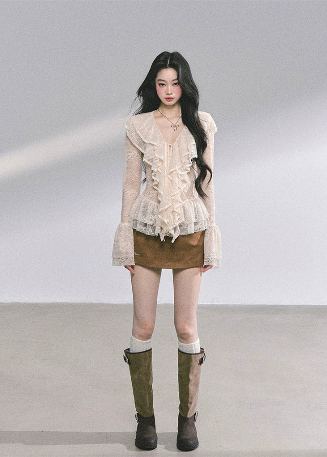 lace ruffle blouse, sheer lace long sleeve top, pure desire korean top, french romantic ruffle shirt, autumn lace blouse women, sexy cut out lace top, korean american fashion top, cream lace frill top, elegant lace t-shirt, soft girly lace outfit
