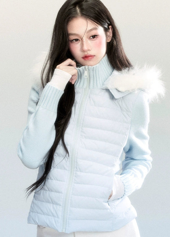 Fragileheart down jacket, fur collar puffer, luxury Korean fashion, winter short coat, quiet luxury outerwear, pastel blue jacket, hooded down coat, K-fashion 2025, elegant winter outfit, soft feminine outerwear, pastel noir aesthetic, warm winter style, sky blue puffer, modern luxury womenswear
