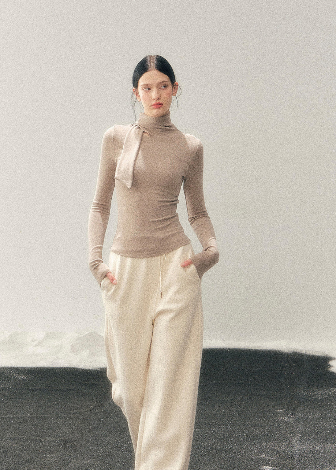 AOMALM semi turtleneck top, women winter base top, slim fit knit shirt, Korean style inner top, feminine long sleeve top, winter layering top women, soft knit turtleneck, minimal Korean fashion, stretch knit base shirt, elegant inner top, women autumn winter top, skin fit knitwear, neutral winter top, daily basic knit top, chic layering essential