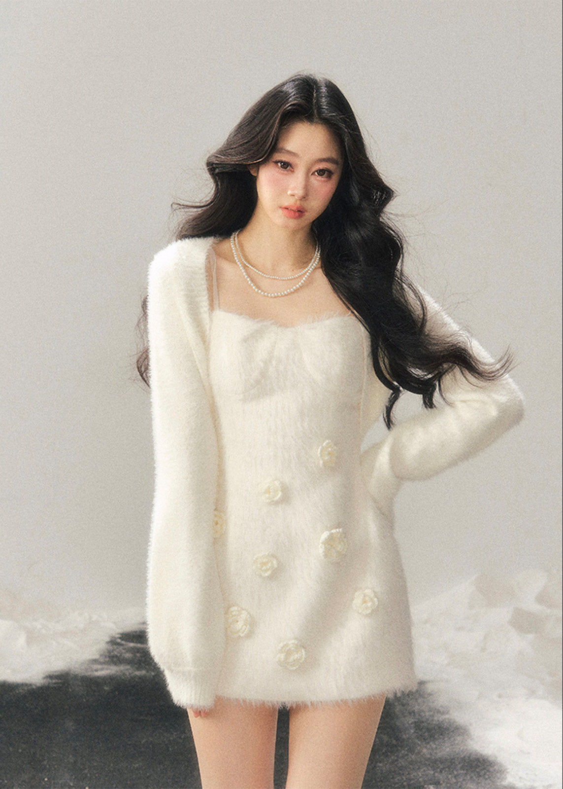 AOMALM dress, Korean winter dress, feminine knit dress, floral mini dress, 3D flower dress, sweet winter outfit, slim fit knit dress, French style dress, soft girl aesthetic, Korean fashion women, winter mini dress, elegant knit dress, romantic winter dress, aesthetic slip dress, trendy women’s dress, Korean aesthetic outfit, cozy winter dress