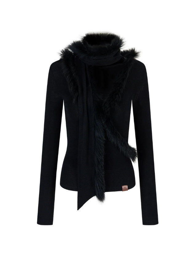 VIAPITTI fox fur knit top, fur trim sweater set, real fox fur scarf, edgy Korean fashion, autumn winter fur knitwear, slim fit sweater women, industrial luxe streetwear, spliced fur knit top, K-fashion 2025, luxury street outfit, warm fur scarf set, modern high femme street style
