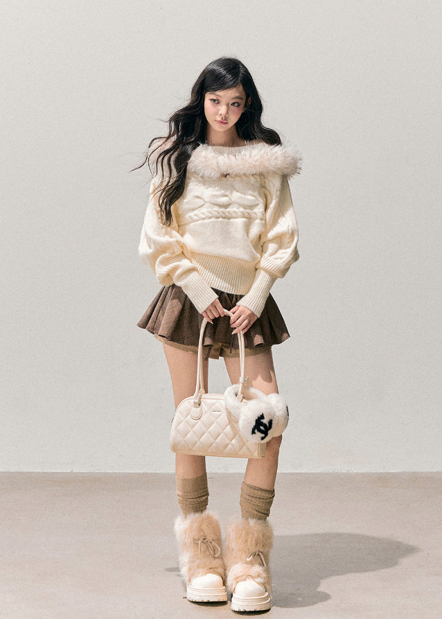 tea fragrance sweater, mohair off shoulder sweater, AOMALM winter top, French mohair knit, winter twist sweater, fluffy neckline sweater, faux fur trim knit, feminine winter outfit, asymmetrical knit top, Korean winter style, warm mohair sweater, off shoulder winter top, cozy feminine knitwear, soft mohair pullover, chic winter sweater, trendy Korean fashion top, elegant winter knit, women’s mohair blouse, romantic off shoulder sweater