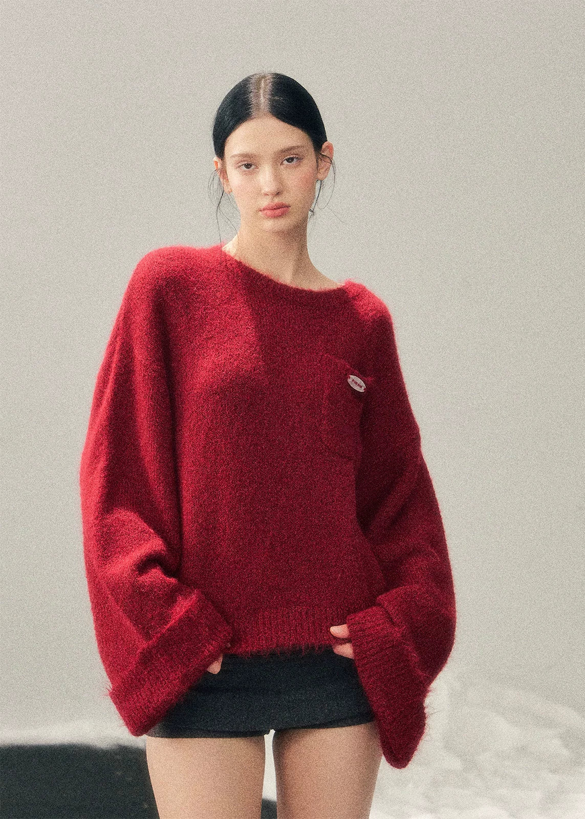 AOMALM sweater, red mohair sweater, women winter knit top, French style sweater, Korean aesthetic knit, soft feminine sweater, fluffy winter sweater, mohair pullover women, holiday red sweater, New Year knit top, cozy winter top women, elegant knitwear women, warm mohair sweater, romantic winter outfit, soft texture sweater, winter fashion women