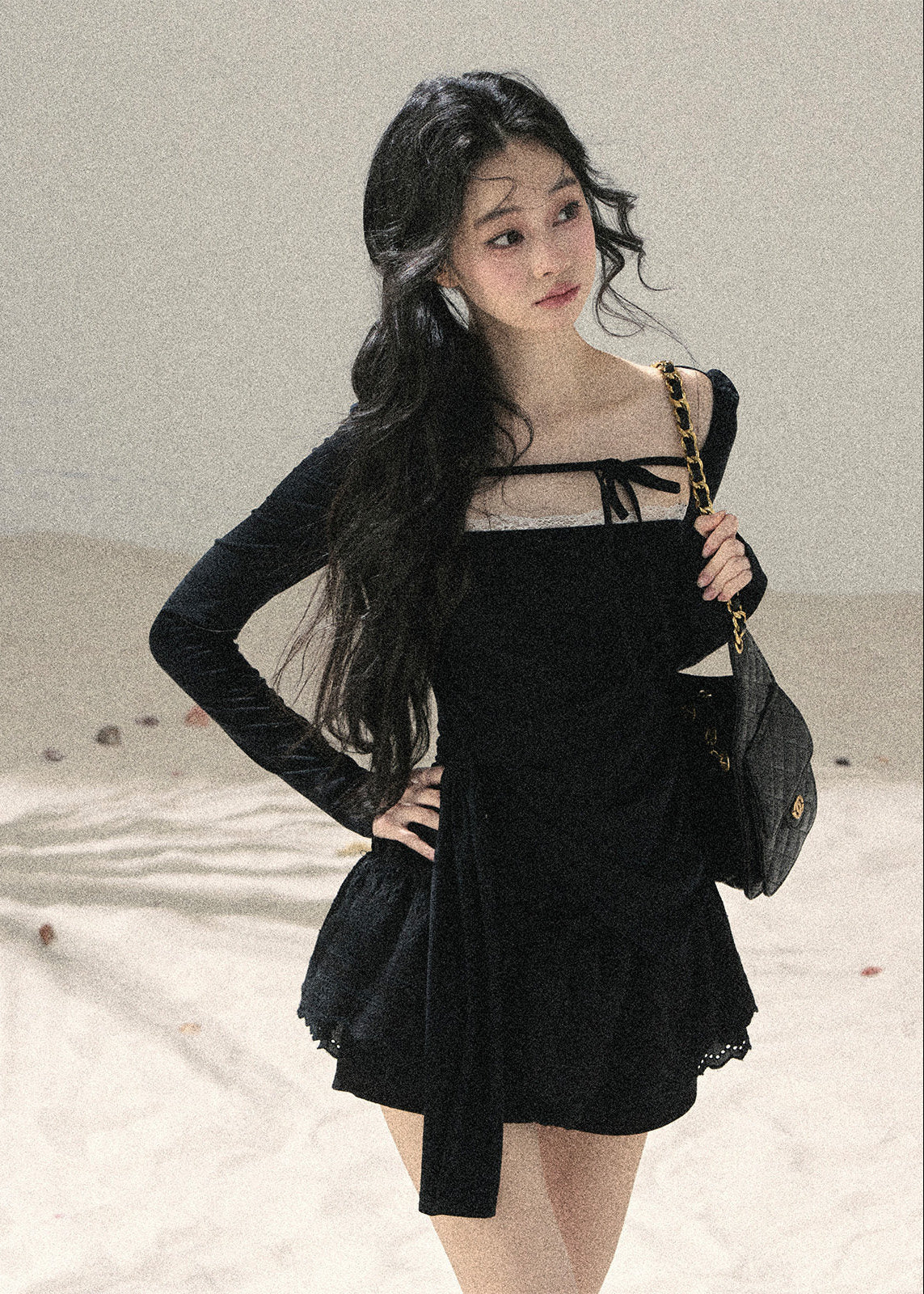 aomalm top, square neck top, lace trim top, black feminine top, long sleeve korean top, waist slimming top, ribbon detail top, romantic korean fashion, fitted summer top, hot girl top, elegant black blouse, lyocell spandex top