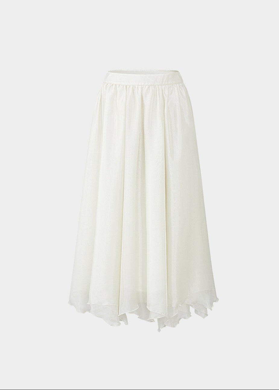 sheer maxi skirt, chiffon skirt women, irregular hem skirt, korean fashion skirt, flowy long skirt, a line maxi skirt, elastic waist skirt, feminine chiffon skirt, spring long skirt, elegant ivory skirt, layered sheer skirt, romantic outfit skirt, soft aesthetic fashion, lightweight summer skirt, parisian style skirt, modern feminine clothing, versatile long skirt, airy fabric skirt, graceful movement skirt, refined casual elegance