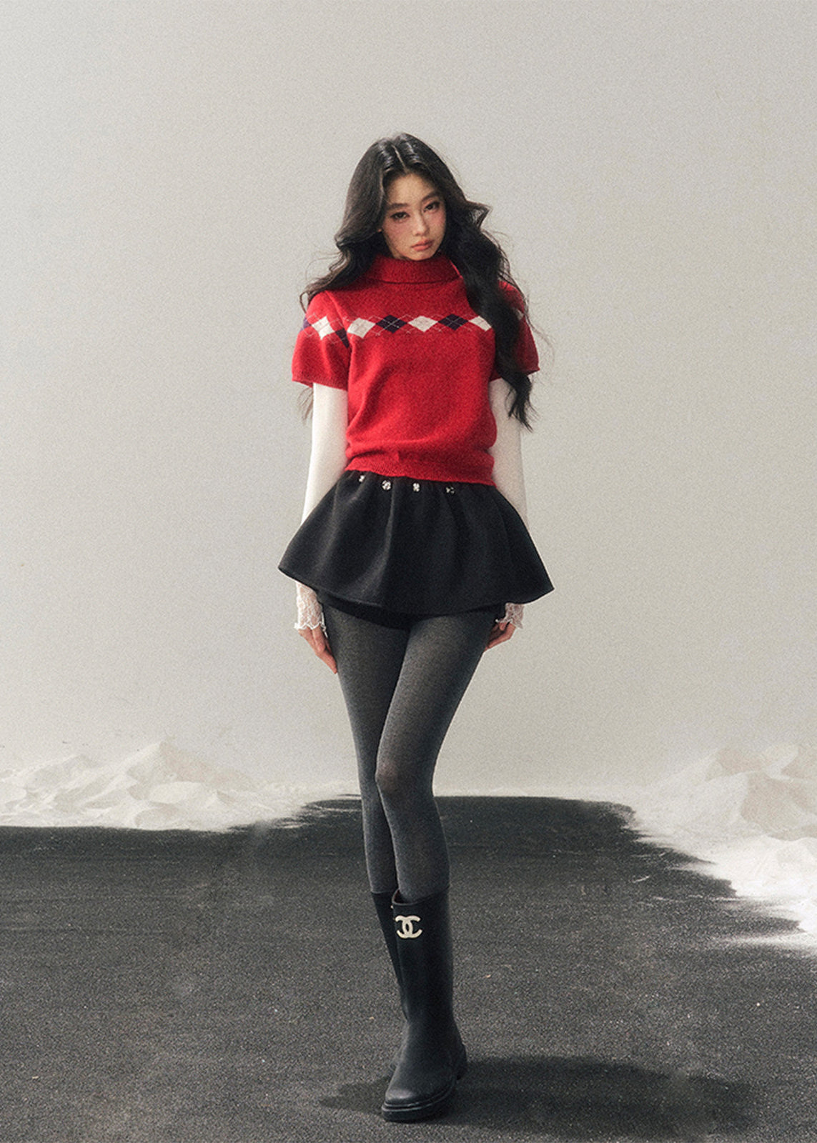 AOMALM knit sweater, winter knit top women, Korean style sweater, semi high neck sweater, argyle knit top, red winter sweater, short sleeve knit winter, feminine knit top, soft winter sweater, holiday knit top, Korean fashion winter, slim fit knit sweater, layering winter top, cute winter sweater women, Christmas knit sweater, aesthetic knitwear