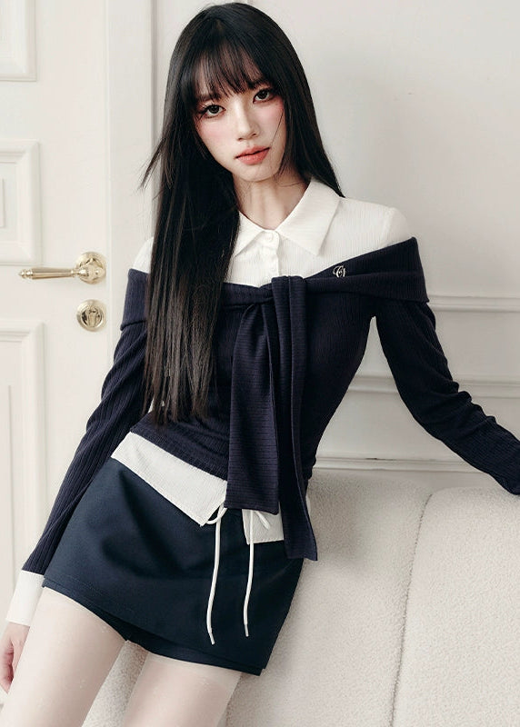 Fragileheart knit top set, off-shoulder sweater, luxury Korean fashion, elegant preppy outfit, autumn winter 2025, quiet luxury style, pastel noir aesthetic, black and white knitwear, K-fashion two-piece set, modern feminine look, ribbon detail top, soft academic chic, refined Korean womenswear, structured luxury knit
