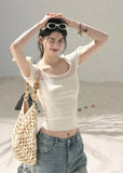 aomalm top, off shoulder knit top, square neck summer top, ribbon sleeve top, feminine korean top, waist cinching top, lyocell slim top, blush pink summer top, spicy girl top, elegant fitted t shirt