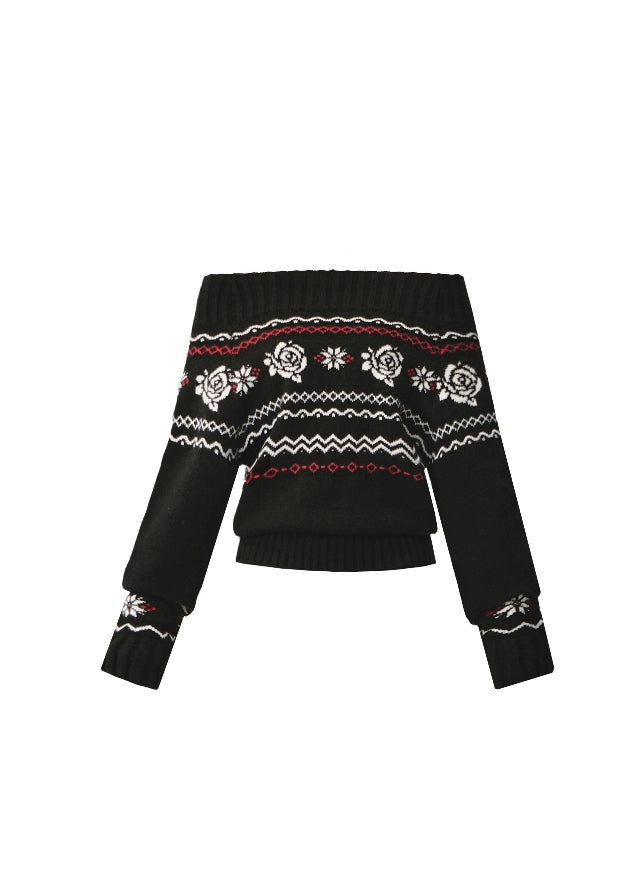 Fragileheart knit sweater, off-shoulder Fair Isle top, rose jacquard knitwear, luxury Korean fashion, Parisian romantic sweater, quiet luxury winter style, pastel noir aesthetic, elegant black knit top, K-fashion 2025, feminine winter outfit, cozy off-shoulder pullover, soft romantic fashion, vintage rose sweater, delicate feminine knit
