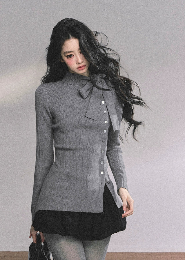 bow knit top, ribbon collar knit shirt, long sleeve knit cardigan women, french style knit top, korean bow sweater, slim fit winter knit top, elegant ribbon blouse, soft knit bow cardigan, layered knit top women, preppy bow collar top, winter knitted blouse, gray knit cardigan top
