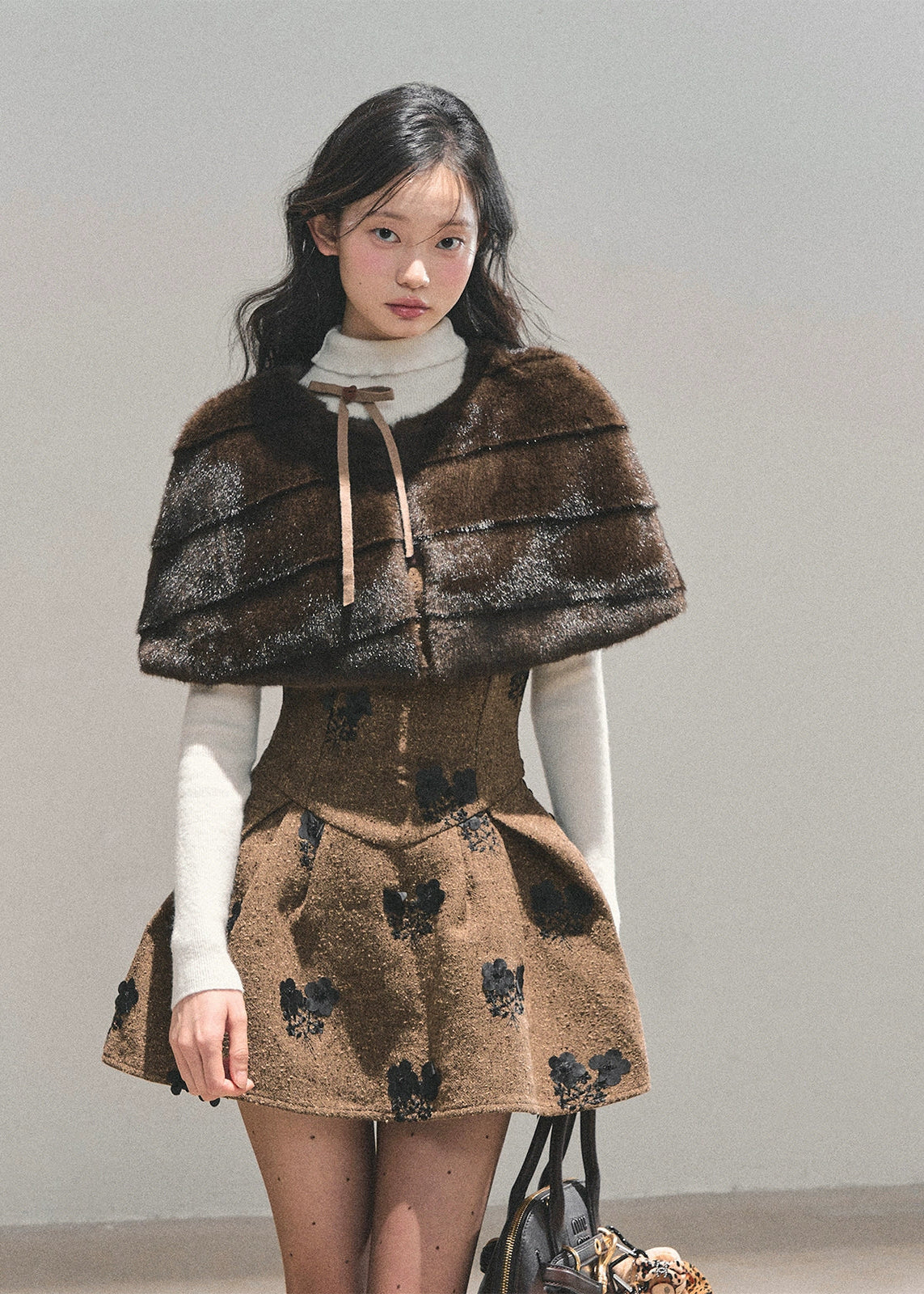 AOMALM dress, winter puffy dress, French style dress set, faux fur cape dress, embroidered winter dress, holiday outfit women, Korean fashion dress, A-line puffy skirt, winter date outfit, feminine winter dress, brown puffy dress, black puffy dress, elegant winter outfit, party dress winter women, two-piece dress set, romantic winter fashion, mohair cape dress, moss embroidery dress.