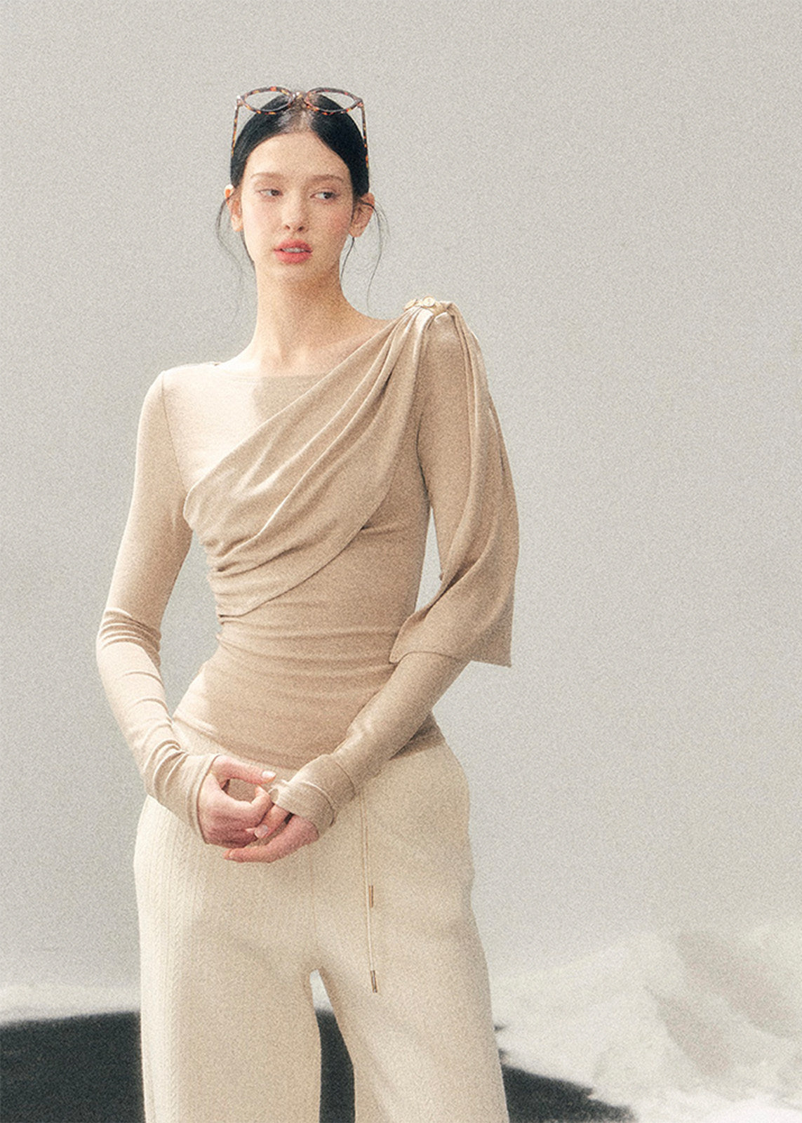 French style knit top, Korean feminine top, one shoulder long sleeve top, draped knit shirt women, winter slim fit top, elegant women knitwear, asymmetrical neckline top, waist slimming top, soft aesthetic fashion, minimal feminine top, Korean winter outfit, French chic clothing, modern women knit top, layering winter top, elegant casual top