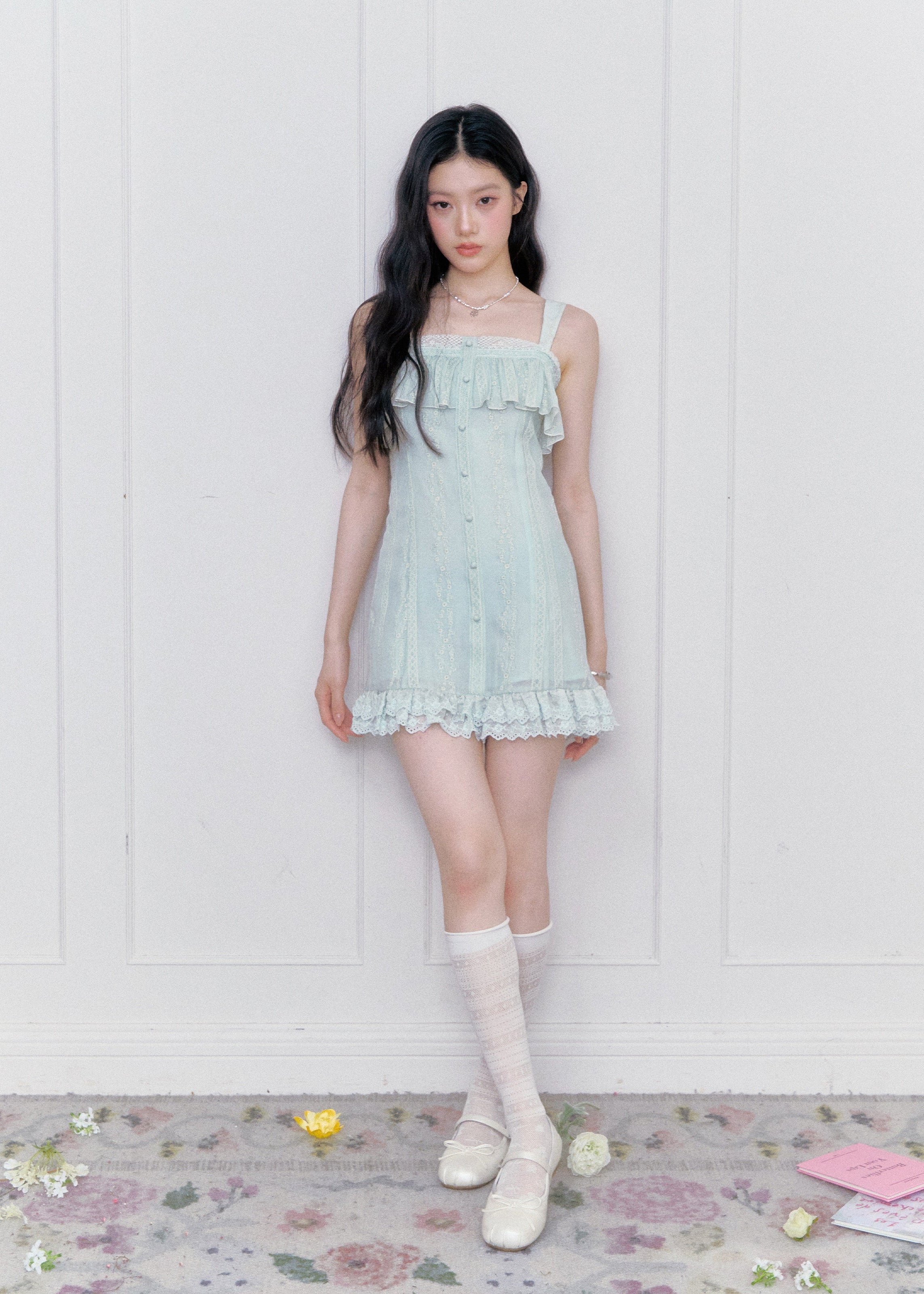fragileheart dress, white tea mini dress, mint lace dress, embroidered mini dress, korean feminine dress, spring mini dress, lace trim dress, hollow embroidery dress, soft girl dress, feminine korean fashion, romantic summer dress, mint green dress