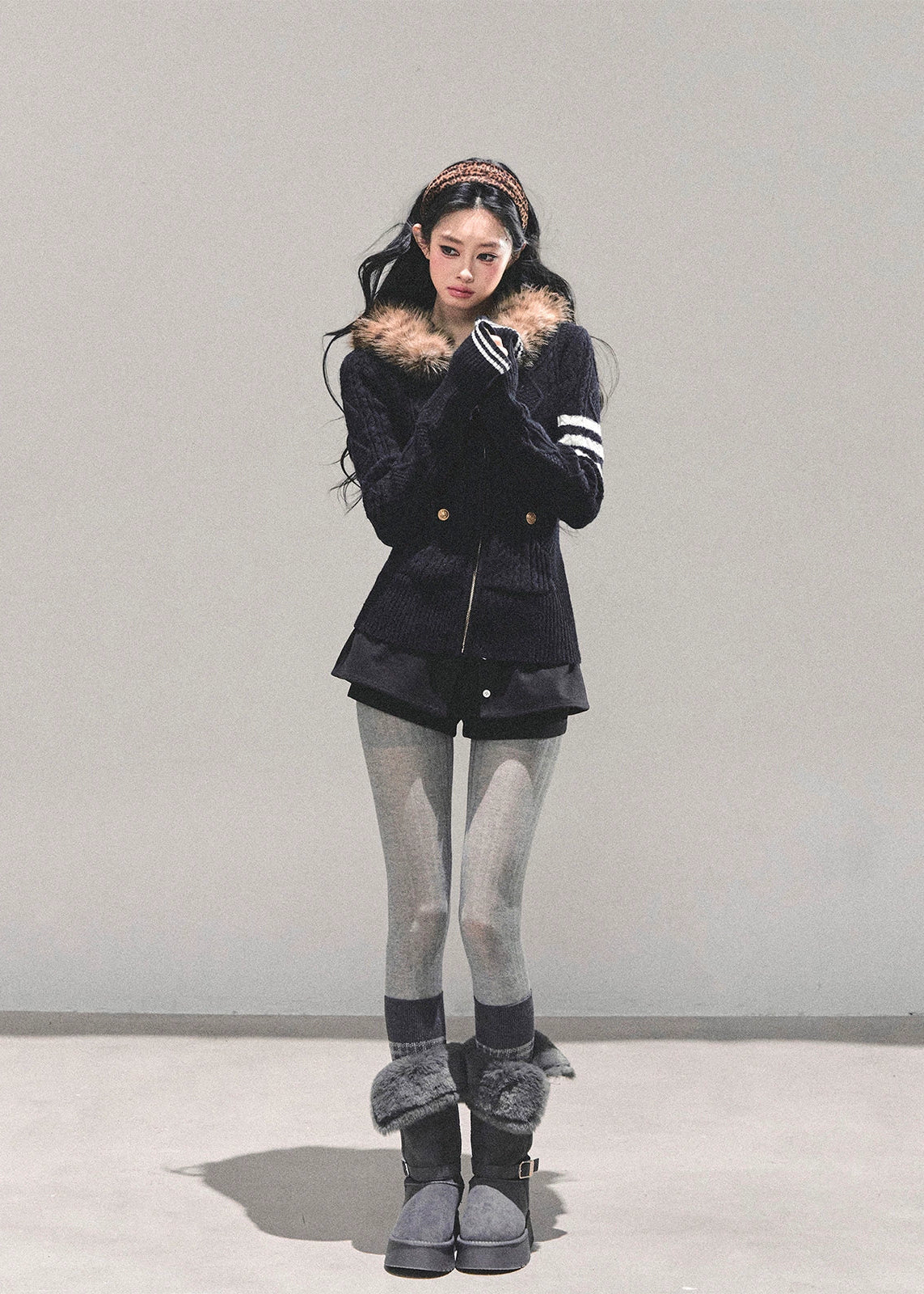 winter knit hoodie, faux fur collar sweater, Korean style knit top, AOMALM sweater, cable knit jacket women, fluffy hood knitwear, warm winter top, feminine winter fashion, Korean girly style sweater, long sleeve knit hoodie, cute winter outfits women, fur trim hood jacket, cozy knit zip sweater, soft cable knit top, trendy winter Korean fashion, warm knit hoodie women, faux fur winter clothing, elegant knit jacket